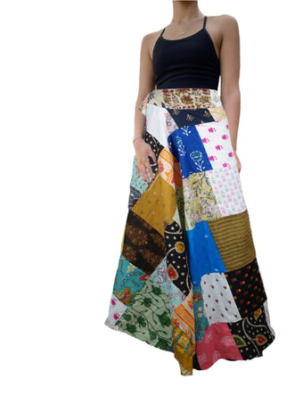 Long Boho Patchwork Wrap Around Skirt Multicolor Cotton Skirts One Size