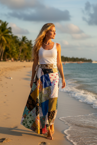 Long Boho Patchwork Wrap Around Skirt – Multicolor Cotton Maxi Skirt for Women One Size