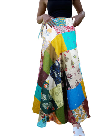 Colorful Patchwork Boho Floral Wrap Skirt Vibrant Free-Spirited Beach Charm One Size
