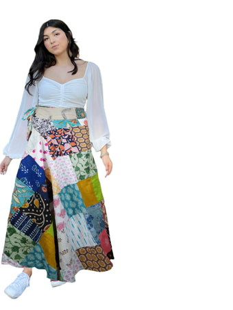Boho Chic Blue Multicolor Patchwork Long Skirt – Effortless Summer Beach Cover-Up
