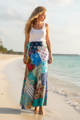Boho Sky Blue Floral Wrap Skirt – Breezy Multi-Color Beach Cover-Up for Women