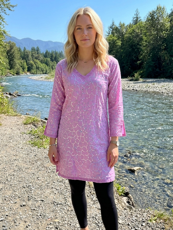Women’s Pink Sequin Embroidered Cotton Tunic | Bohemian Stylish Kurti for Women