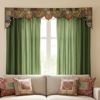Retro Boho Toran – Embroidered Window Topper with Orange Curtains, Indian Valance Decor