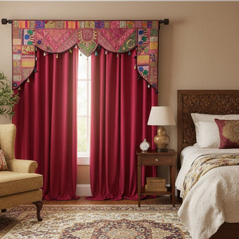 Retro Pink Embroidered Indian Toran Window Topper with Matching Curtains