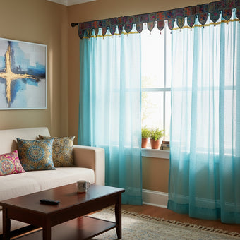 Indian Embroidered Window Topper with Sheer Blue Curtains – Boho India Toran Valance