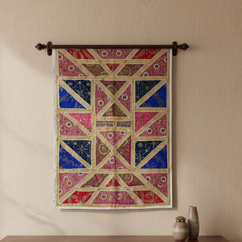 Vintage Pink Blue Beaded Sari Tapestry – Handcrafted Indian Decorative Wall Hanging