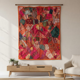 Indian Zardozi Bed Throw – Orange Pink Vintage Sari Tapestry | Hand-Embroidered Boho Wall Décor