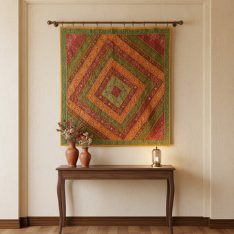 Zardozi Decorative Patchwork Tapestry – Orange & Green Beaded Wall Hanging