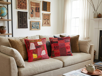 Set of 2 Pink Square Pillow Cushion Covers – Patchwork Embroidered Cotton Cases for Sofa, Couch & Bed