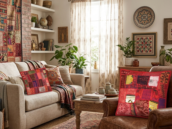 Set of 2 Red Bohemian Pillow Shams – Embroidered Patchwork Cotton Throw Cushion Covers