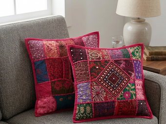 Pink Boho Vintage Sari Patchwork Cushion Covers | Handmade Decorative Throw Pillow Covers