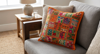 Boho Indian Orange Patchwork Sequin Cushion Cover | Handmade Sofa Throw Pillow Cover