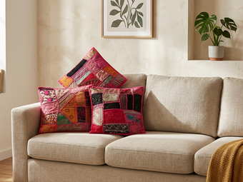 Vintage Pink Patchwork Cushion Covers, Set of 3 – Boho Decorative Pillow Covers for Sofa & Bed