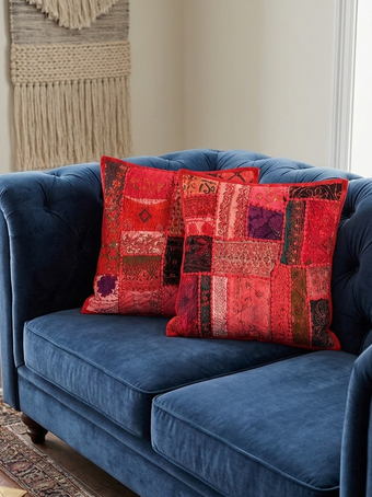 Boho Indian Throw Pillow Covers, Set of 3, Red Embroidered Indian Cushion Cases for Sofa