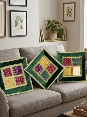 Bohemian Green Patchwork Cushion Cover – Embroidered Lace Decorative Pillow