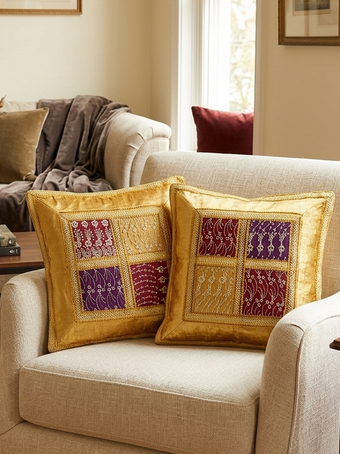 Bohemian Golden Patchwork Cushion Cover – Embroidered Lace Decorative Pillow