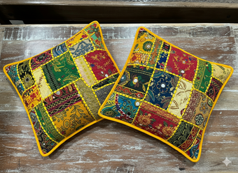 Boho Dark Yellow Patchwork Cushion Covers – Handmade Decorative Throw Pillows