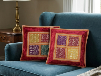Set of 2 Red Embroidered Patchwork Throw Pillow Shams – Handmade Cotton Decorative Cushion Covers for Sofa