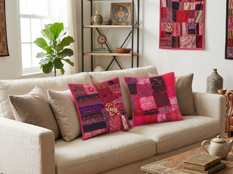 Set of 2 Pink Bohemian Sofa Cushion Covers – Embroidered Patchwork Cotton Throw Pillow Covers