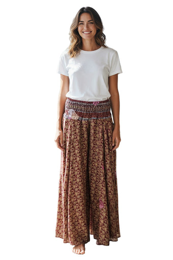 Women’s Handmade Bohemian Wide-Leg Pants – Deep Maroon, Flowy & Elegant