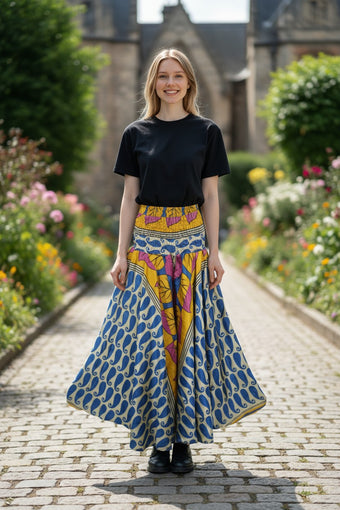 Revamp your style with these Bohemian Navy Blue, Yellow Flowy Pants Handmade Boho Flared Divided Leg Pant SM