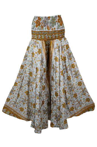 White & Orange Floral Boho Flare Pants – Handmade Flowing Split Skirt Trousers SM