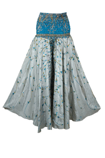 Women Blue, Gray Floral Boho Flare Pants – Handmade Flowing Split Skirt Trousers SM