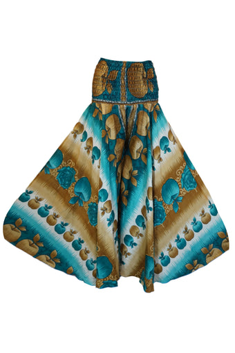 Handmade Boho Palazzo Pants – Breezy Brown & Blue Apple Print, Effortlessly Chic SM