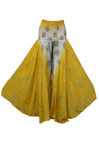 Bohemian Mango Yellow Wide-Leg Pants – Handmade Flowy Split Palazzo Elegance SM