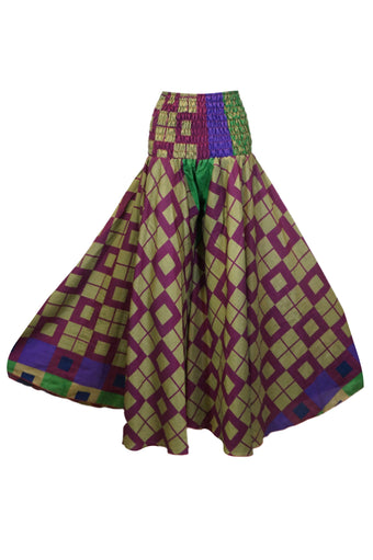 Green and Purple Boho Flare Pants – Hippie-Inspired Box Print Palazzo Trousers SM