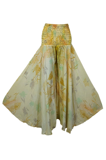 Handmade Bohemian Daffodil Yellow Wide-Leg Pants – Flowy Split Palazzo Elegance SM