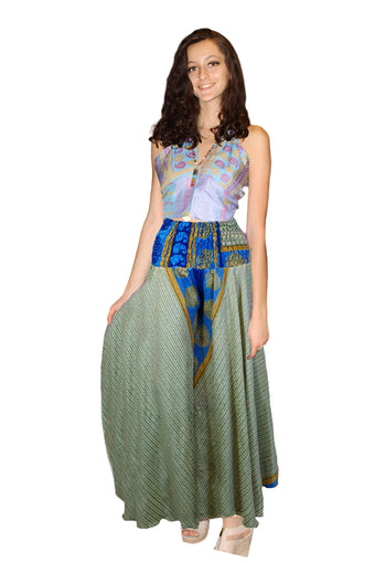 Handcrafted Boho Wide-Leg Palazzo Pants Light Green with Whimsical Floral Print SM