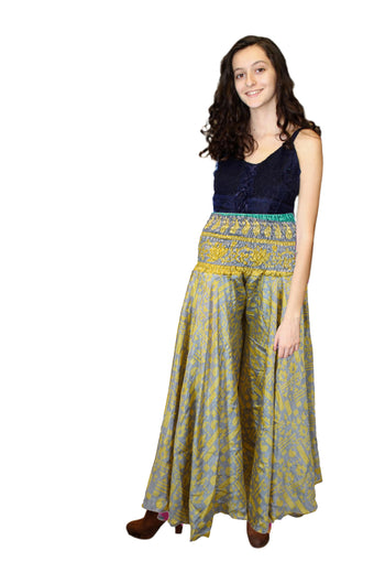 Handcrafted Boho Palazzo Pants in Gray & Yellow with Whimsical Floral Prints SM