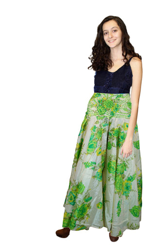Handcrafted White & Green Floral Boho Palazzo Pants – Bohemian Elegance in Bloom SM