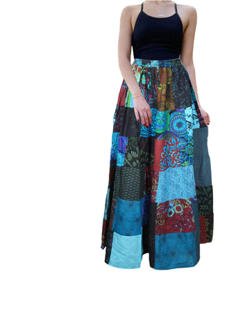 Boho Women Blue Patchwork Cotton Maxi Skirt – Lightweight Summer Beachwear SM