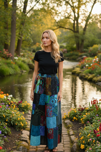 Boho Women Blue Patchwork Cotton Maxi Skirt – Lightweight Summer Beachwear Skirt SM