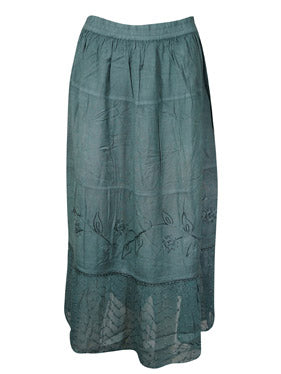 Womens Western Midi Skirt, Grey Embroidered Renaissance Skirts, Elastic Waist Skirt M/L