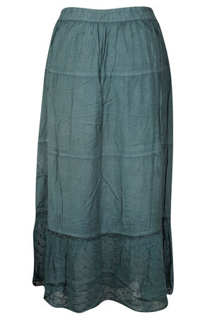 Womens Western Midi Skirt, Grey Embroidered Renaissance Skirts, Elastic Waist Skirt M/L