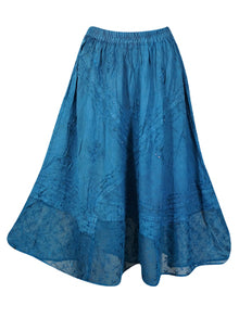  Blue Long Skirt with Embroidery, Boho Maxi Skirts, Sheer Lace Hem, Ren Faire Skirts S/M/L