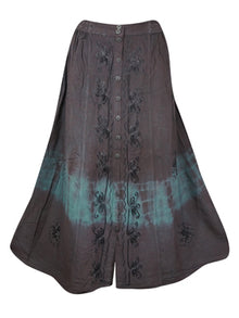  Tie Dyed Long Skirt, Front Button Down Dark Gray Blue Embroidered Ren Faire Maxi Skirts S/M/L