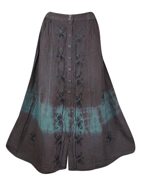 Tie Dyed Long Skirt, Front Button Down Dark Gray Blue Embroidered Ren Faire Maxi Skirts S/M/L