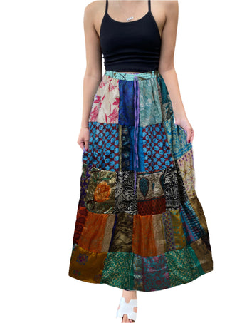 Women's Recycled Silk Patchwork Maxi Skirt – Blue Multicolor Boho Summer Skirt S/M