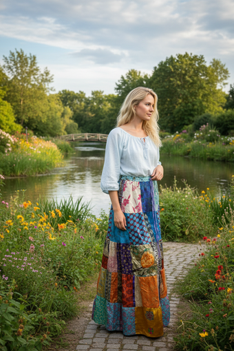 Women's Recycled Silk Patchwork Maxi Skirt Multicolor Boho Elastic Summer Skirt S/M