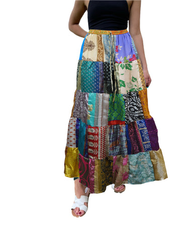 Women's Green Leaf Multicolor Recycled Silk Maxi Skirt – Boho Summer Patchwork Skirt S/M