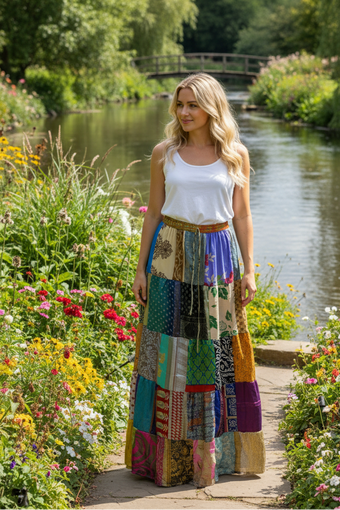 Women's Green Maxi Skirt – Boho Patchwork Summer Skirt with Elastic Waist S/M
