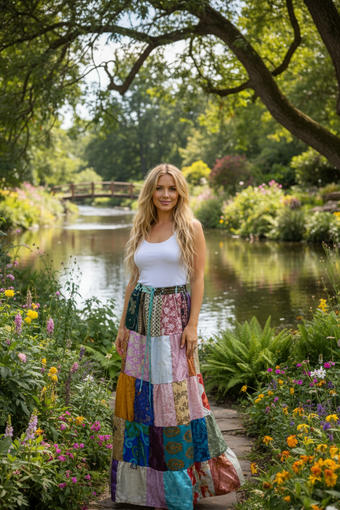 Women’s Boho Maxi Skirt – Pink Floral Multicolor Patchwork Summer Skirt S/M