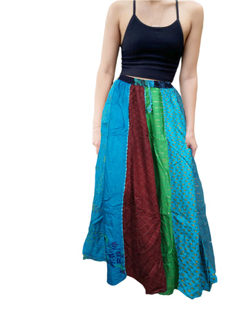 Women's Boho Blue Dori Maxi Skirt – Patchwork Printed Hippie Skirt with Elastic Waist S/M/L