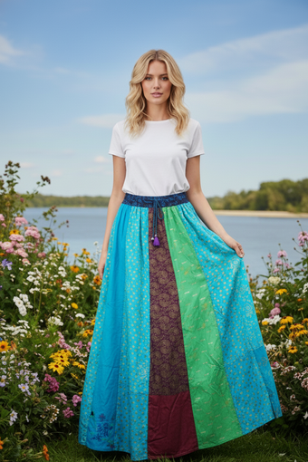 Women’s Boho Blue Dori Maxi Skirt – Patchwork Printed Hippie Skirt with Elastic Waist S/M/L