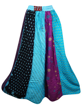 Women Bohemian Maxi Skirt, Blue Patchwork Long Skirts, Festive Skirts S/M/L