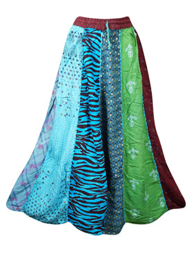 Womens Dori Maxi Skirt, Blue Green Long Skirts, Boho Patchwork Skirt SML